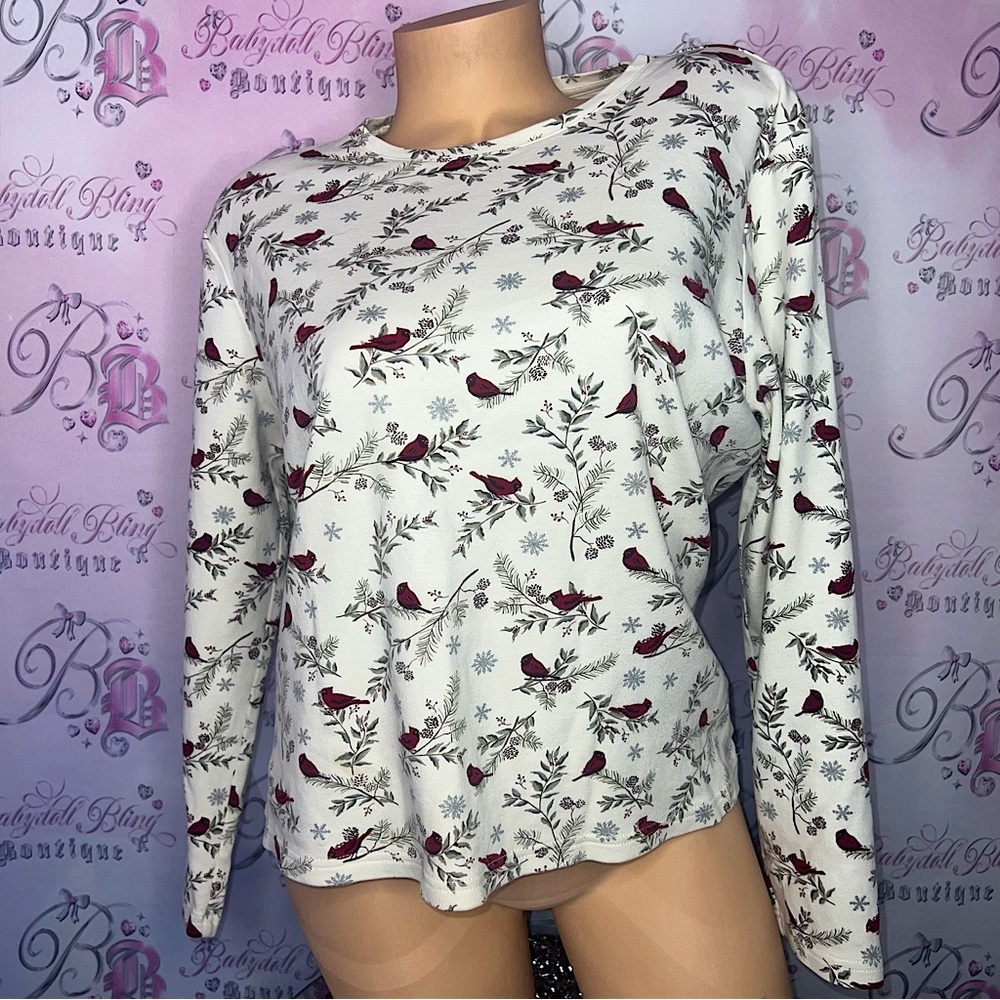 Croft&barrow long sleeve Christmas red bird snow flakes silver shimmer sparkle